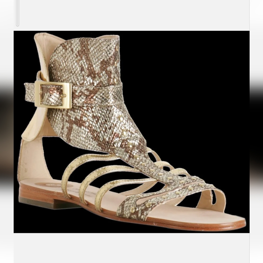 NIB Gold MODERN VINTAGE Fernanda Gladiator Strappy Sandal Python Flat 38.5, 8.5